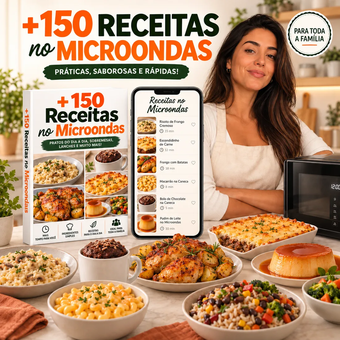 Mulher sorrindo ao lado de um micro-ondas, com o sistema de receitas aberto no celular e pratos prontos sobre a bancada